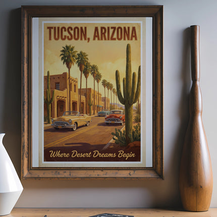 Tucson, Arizona vintage travel poster with palm trees, cacti, and classic cars.
