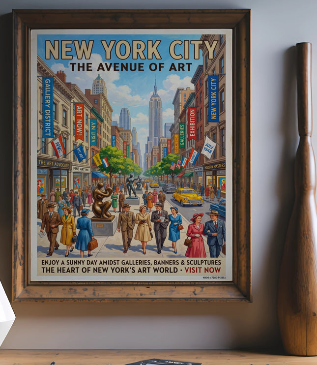 New York City The Avenue of Art poster with Empire State Building and street scene.