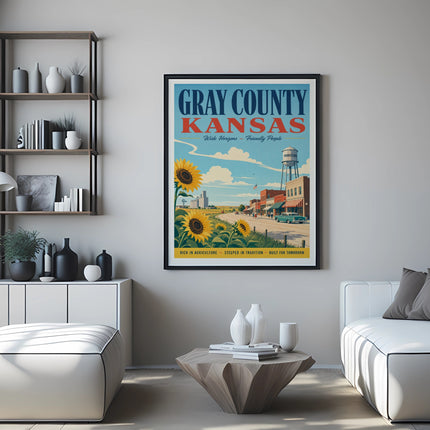 Gray County Kansas poster with sunflowers and Montezuma town scene.