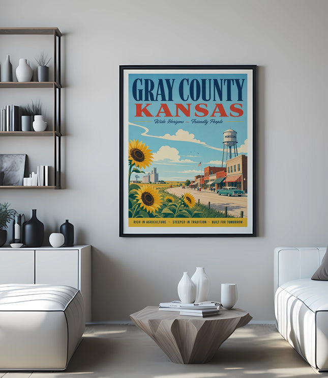 Gray County Kansas poster with sunflowers and Montezuma town scene.