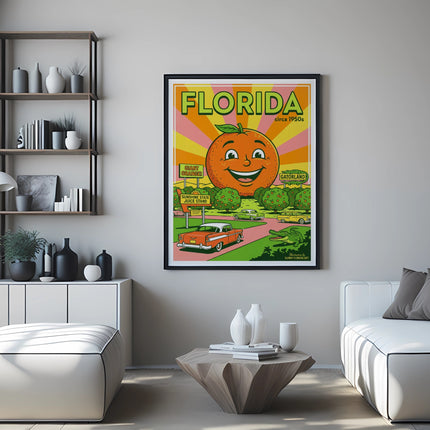Florida circa 1950s illustration featuring a giant orange juice stand and Gatorland.