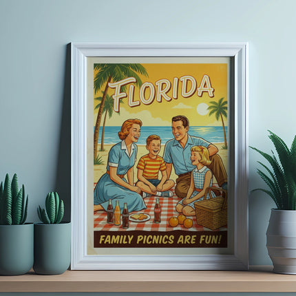 Florida family picnic scene with text "Florida" and "Family Picnics Are Fun!".
