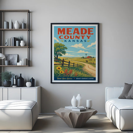 Vintage travel poster for Meade County, Kansas, depicting a rural landscape.