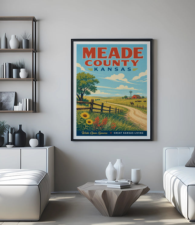 Vintage travel poster for Meade County, Kansas, depicting a rural landscape.