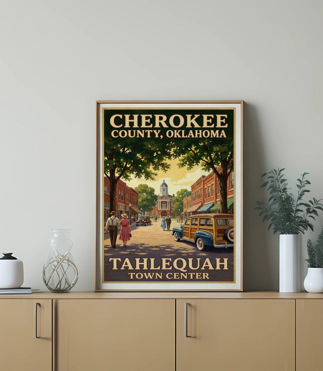 Cherokee County, Oklahoma, Tahlequah Town Center retro travel poster illustration.