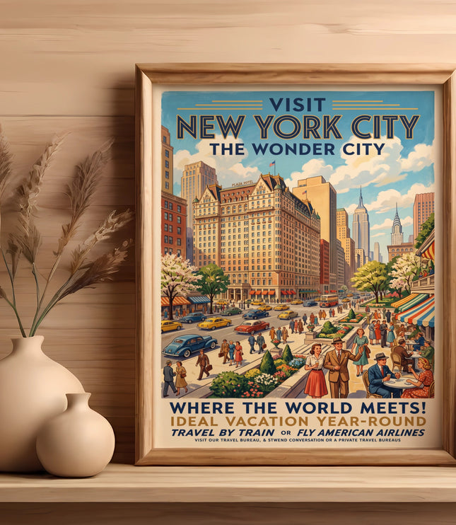 Vintage New York City travel poster featuring skyline, Plaza Hotel, and text.