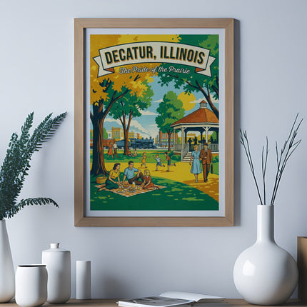 Vintage travel poster of a picnic in a park with a gazebo and train.
