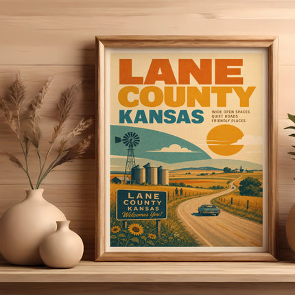Vintage poster for Lane County Kansas with text and rural landscape.