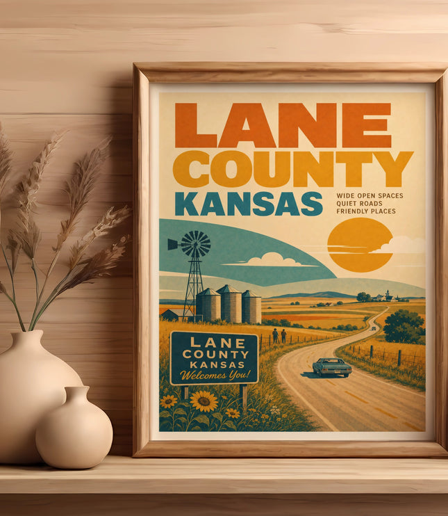 Vintage poster for Lane County Kansas with text and rural landscape.