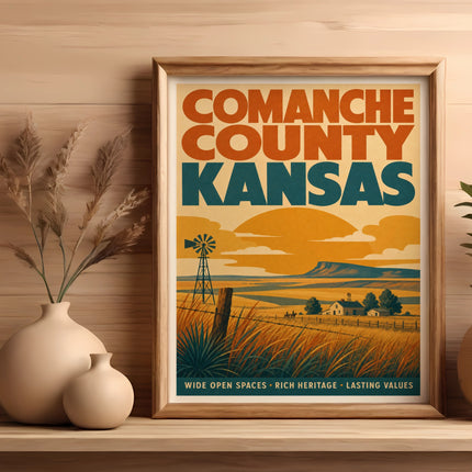 Framed poster of Comanche County, Kansas, with windmill, farm, and rolling hills.