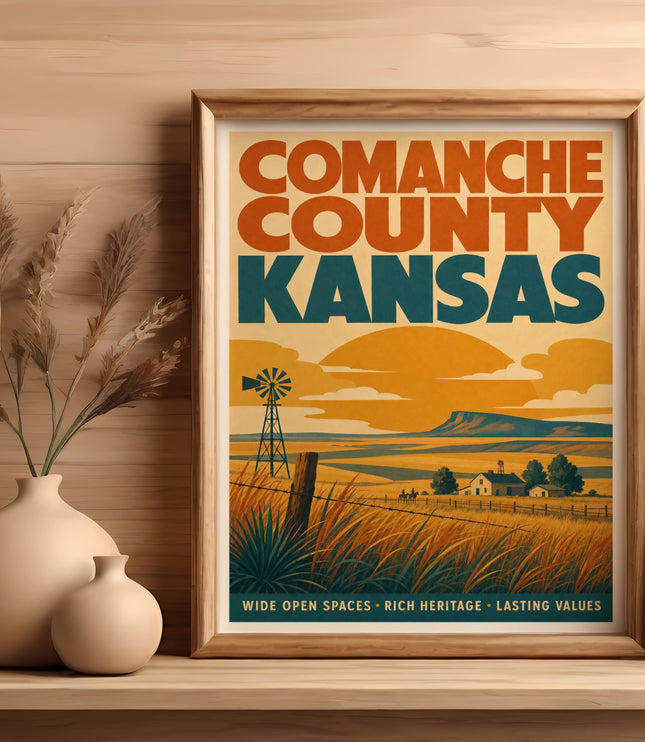 Framed poster of Comanche County, Kansas, with windmill, farm, and rolling hills.