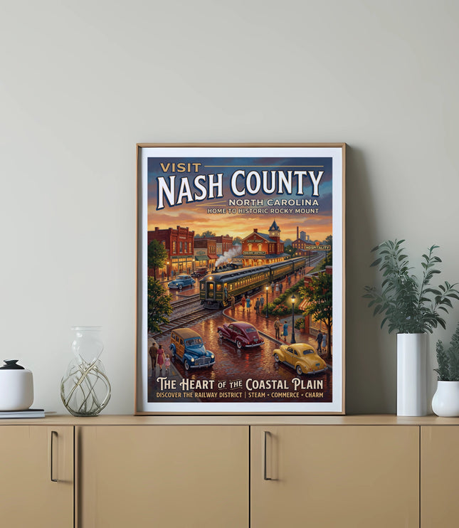 Vintage poster of Nash County North Carolina with train, cars, and buildings.