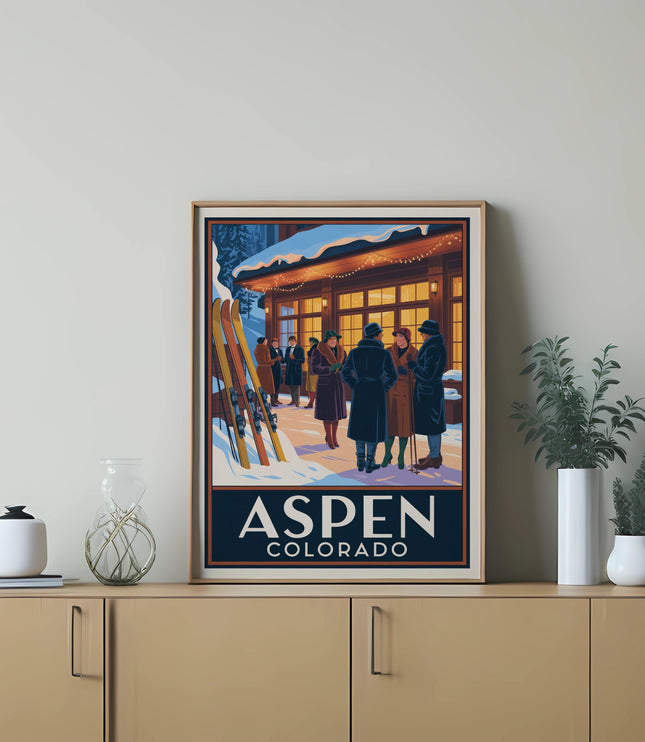Vintage poster with "Aspen Colorado" text, people in winter clothes, and skis.
