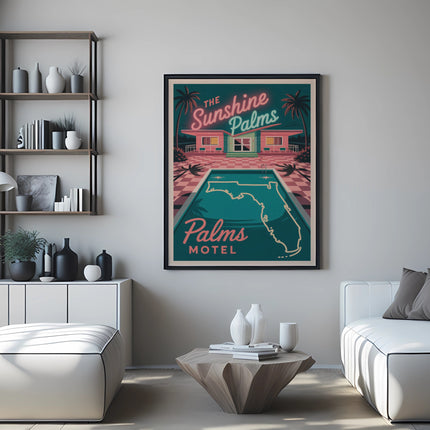 Poster for The Sunshine Palms motel featuring a retro pool and building.