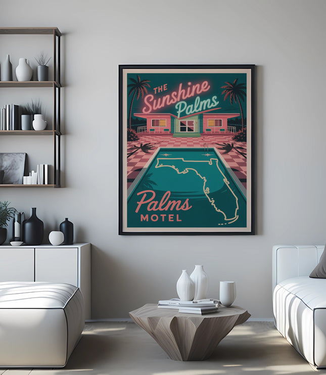 Poster for The Sunshine Palms motel featuring a retro pool and building.