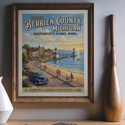 Vintage poster of St. Joseph's Lakeside Downtown and Pier, Berrien County, Michigan.