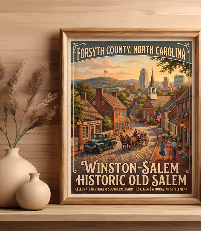Vintage poster of Winston-Salem Historic Old Salem, Forsyth County, North Carolina.