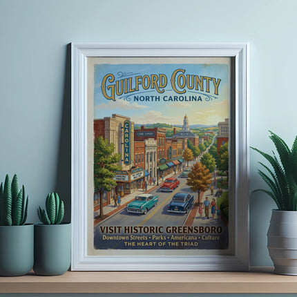 Vintage poster of Guilford County, North Carolina, depicting downtown Greensboro scenes.