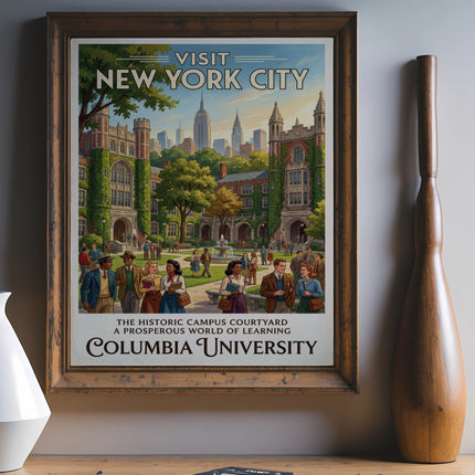 Vintage New York City poster featuring Columbia University's historic courtyard.