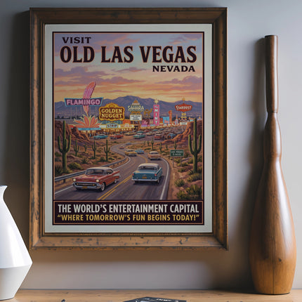 Vintage "Visit Old Las Vegas Nevada" poster with casinos and cars.