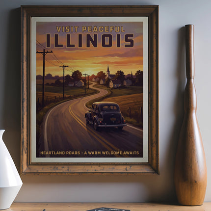 Vintage "Visit Peaceful Illinois" travel poster with a car on a winding road.