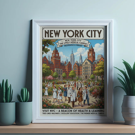 New York City medical campus poster with buildings, people, and text.