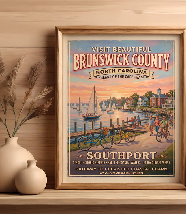 Vintage travel poster for Southport, Brunswick County, North Carolina, featuring boats and people.
