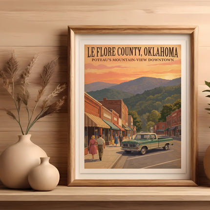Vintage poster of Le Flore County, Oklahoma, featuring Poteau's downtown and mountains.