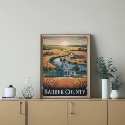 Barber County illustration with a river, buildings, and fields.