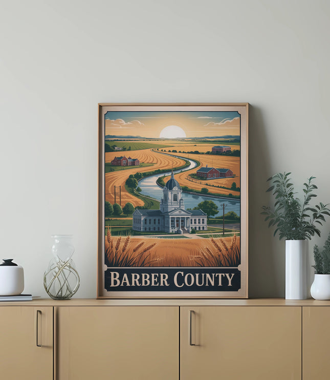 Barber County illustration with a river, buildings, and fields.
