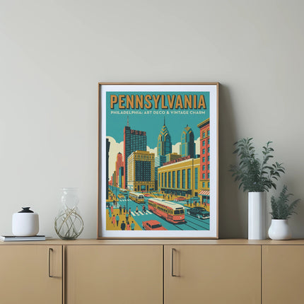 Vintage Philadelphia skyline with streetcar and people, featuring "PENNSYLVANIA" and "ART DECO & VINTAGE CHARM".