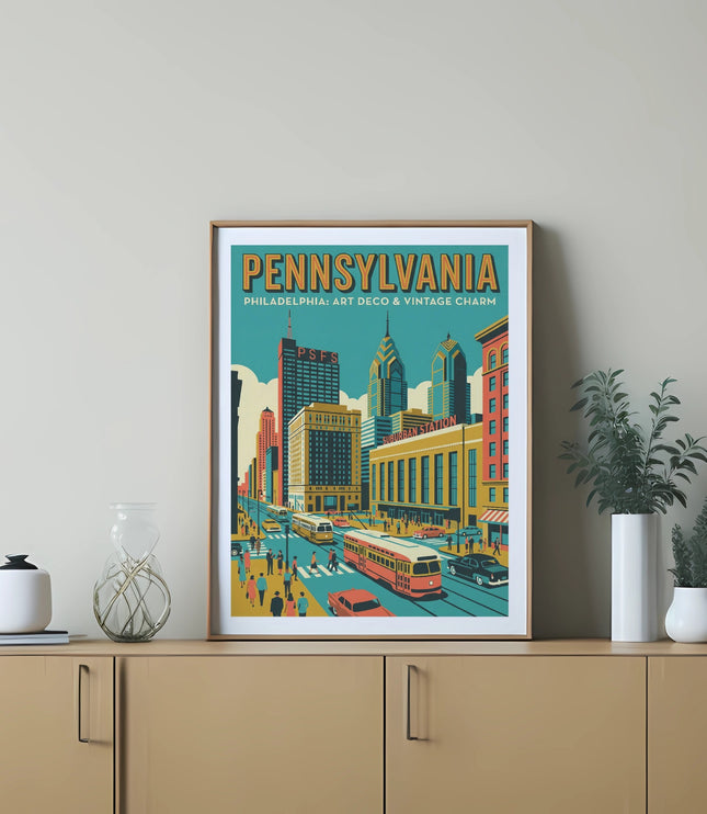 Vintage Philadelphia skyline with streetcar and people, featuring "PENNSYLVANIA" and "ART DECO & VINTAGE CHARM".