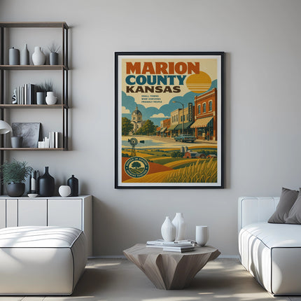 Vintage Marion County, Kansas travel poster with landscape and town scene.