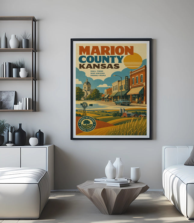Vintage Marion County, Kansas travel poster with landscape and town scene.