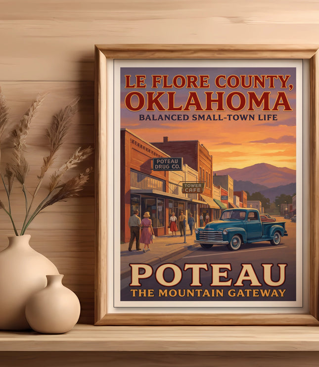 Poster art showing a vintage blue truck in front of Potieau, Oklahoma businesses at sunset.