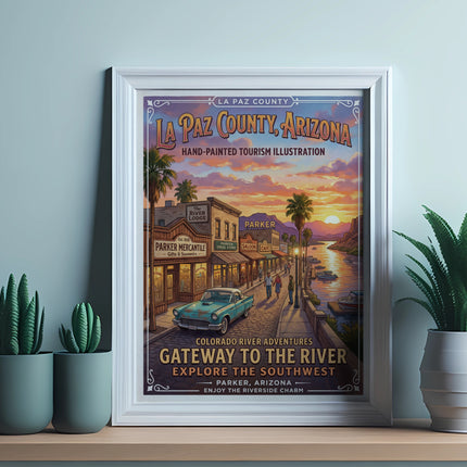 La Paz County, Arizona tourism illustration featuring a vintage car and riverfront scene.