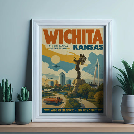 Wichita, Kansas retro travel poster with capitol building and cityscape.