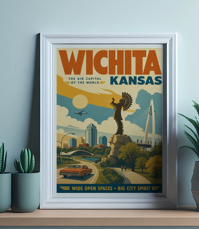 Wichita, Kansas retro travel poster with capitol building and cityscape.