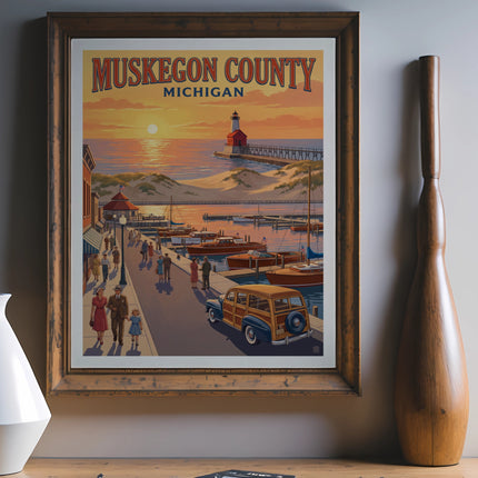 Vintage art print of Muskegon County, Michigan, showing a lighthouse and boats at sunset.