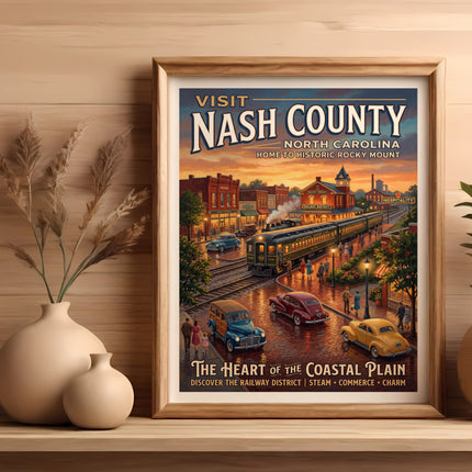 Vintage poster for Nash County, NC, depicting a train at Rocky Mount Railway District.