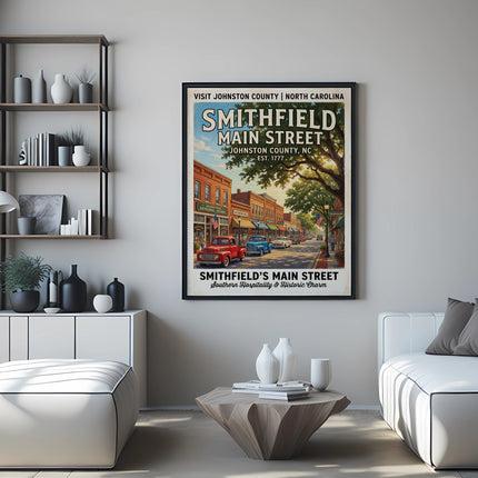 Smithfield Main Street vintage travel poster, Johnston County, North Carolina, est. 1777.