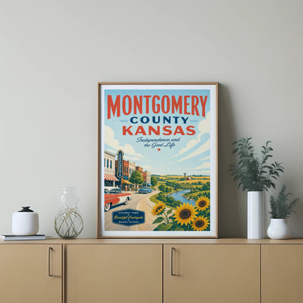 Montgomery County, Kansas vintage travel poster with sun, sunflowers, and historic town.