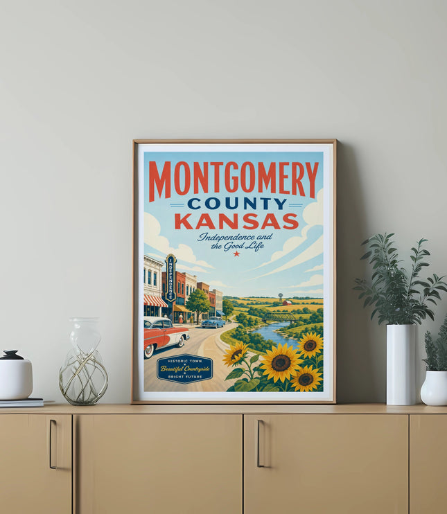 Montgomery County, Kansas vintage travel poster with sun, sunflowers, and historic town.