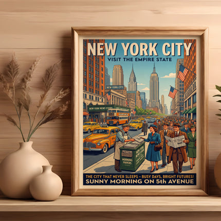 Vintage New York City poster featuring busy 5th Avenue and Empire State Building.