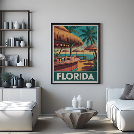 Poster for Florida with beach scene, palm trees, and umbrellas.