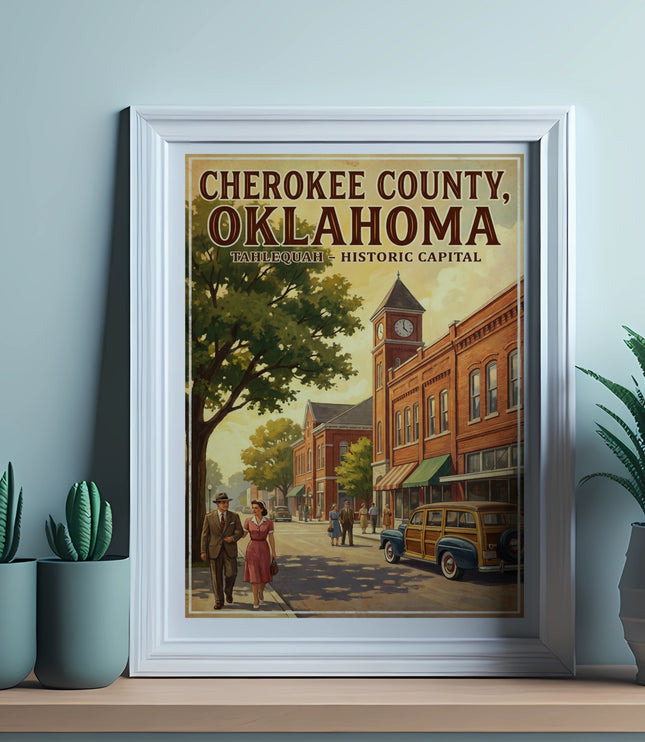 Cherokee County, Oklahoma Tahlequah Historic Capital framed artwork with vintage street scene.