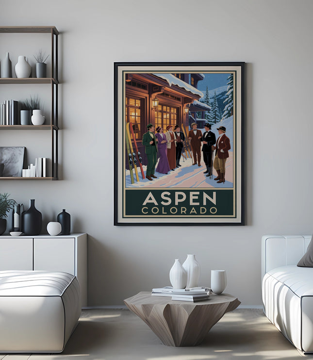 Aspen, Colorado vintage travel poster with people in formal wear outside a building.
