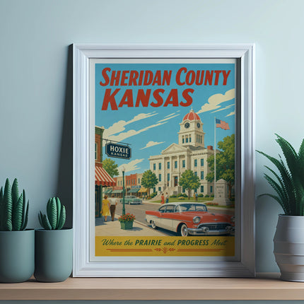 Sheridan County, Kansas, Hoxie travel poster with courthouse and classic car.
