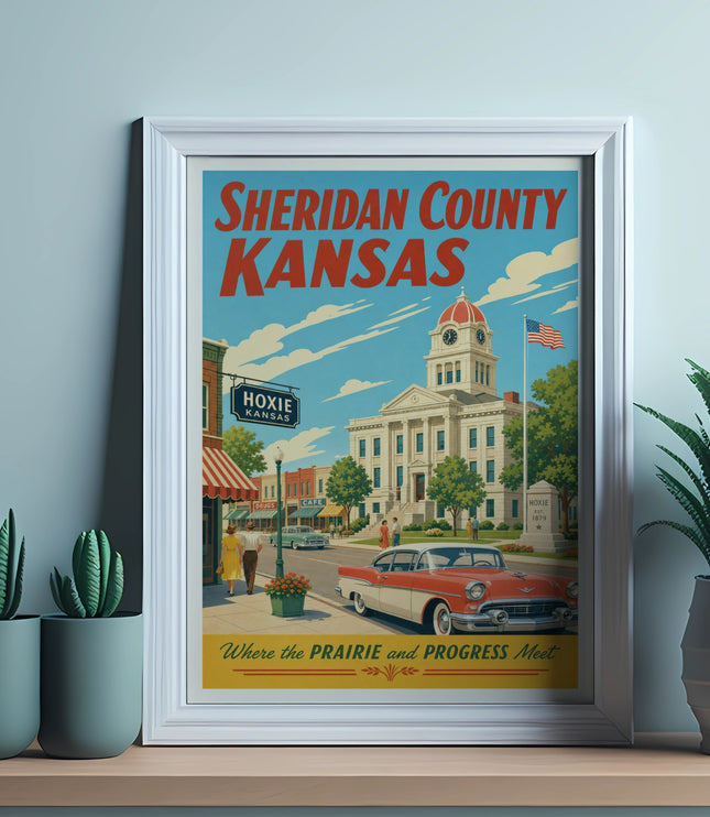 Sheridan County, Kansas, Hoxie travel poster with courthouse and classic car.