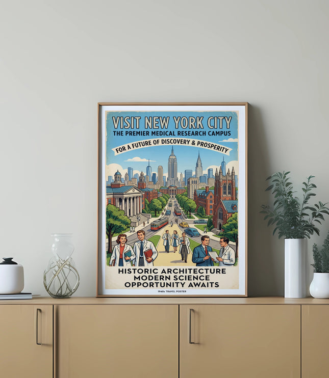 New York City medical research campus poster with city skyline and scientists.